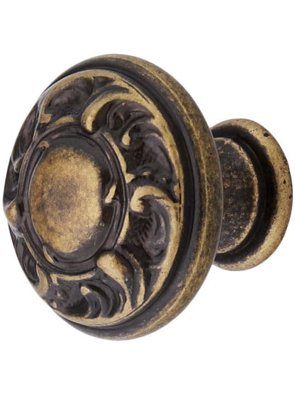 Scroll Design Cabinet Knob - 1 inch Diameter In Antique Brass Dark